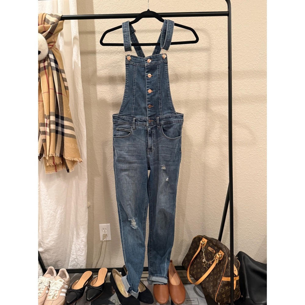 Guess Los Angeles Distressed Denim Overalls Medium Wash Rose Gold Hardware 28